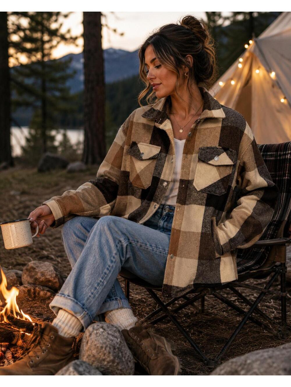 Brown Beige Plaid Oversized Shacket Jacket Cozy Button Front Size Small
